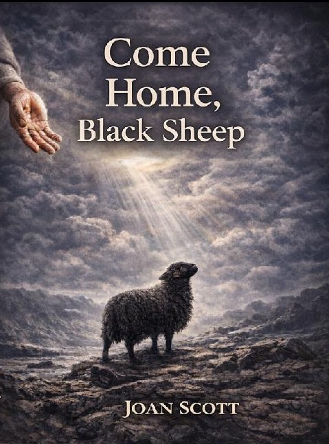 Cover of Come Home, Black Sheep, showing a black sheep in a stormy wilderness beneath a break in the clouds
